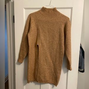 Tan sweater with slit - long crop sweater - mock neck